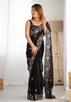 Black Embroidered chiffon Saree Set