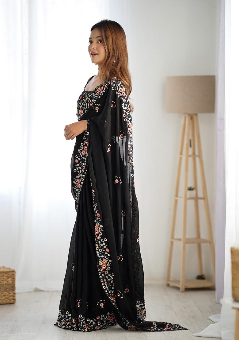 Black Embroidered chiffon Saree Set