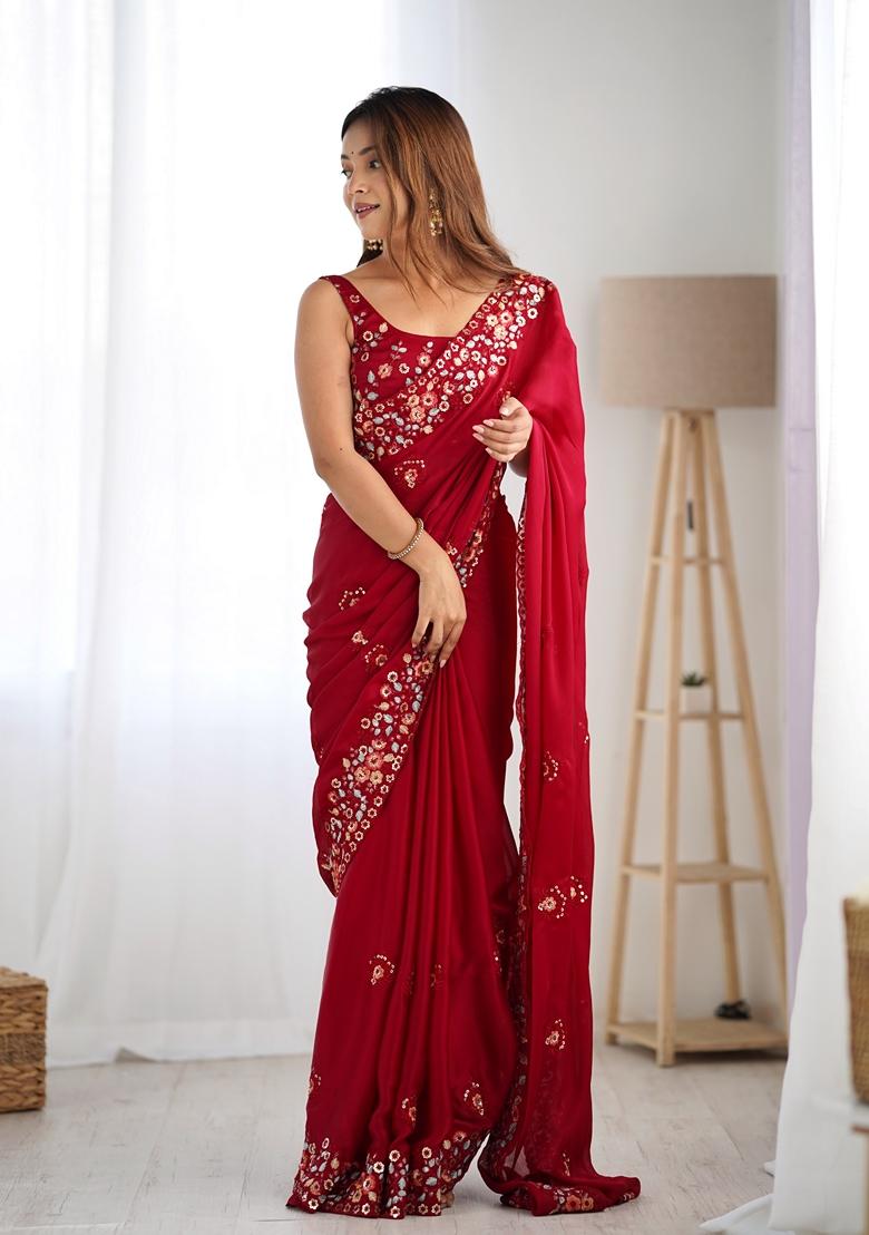 Maroon Embroidered chiffon Saree Set