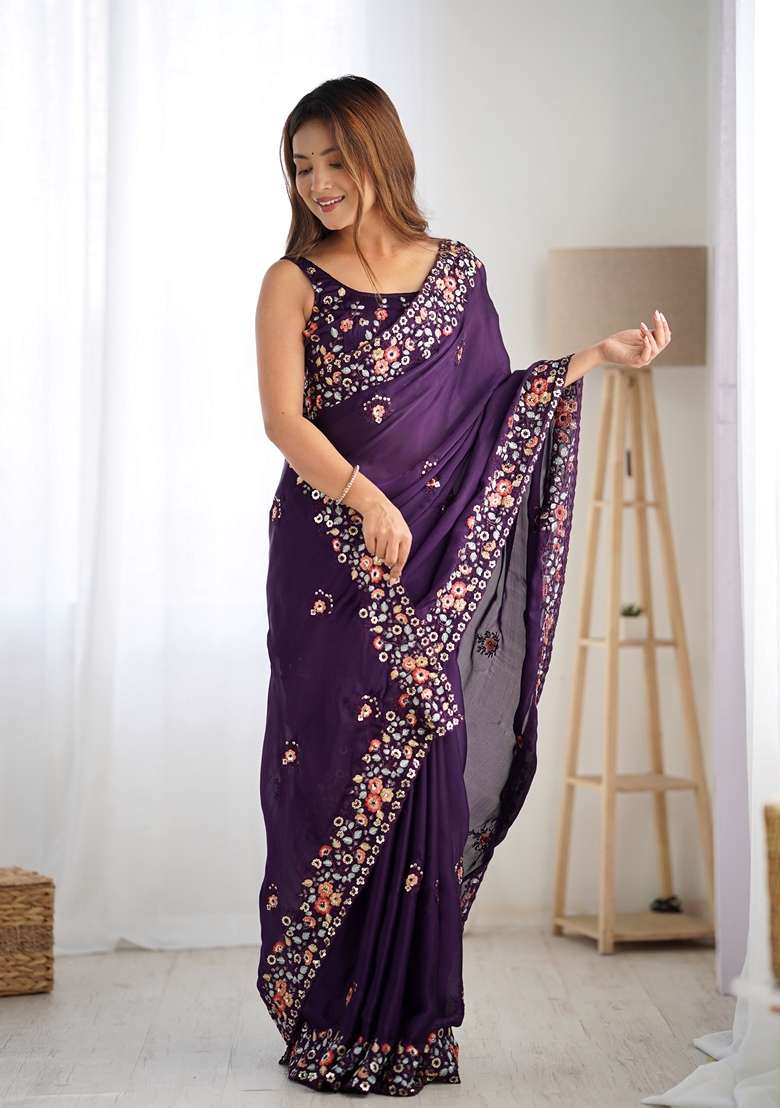 Purple Embroidered chiffon Saree Set - Indya