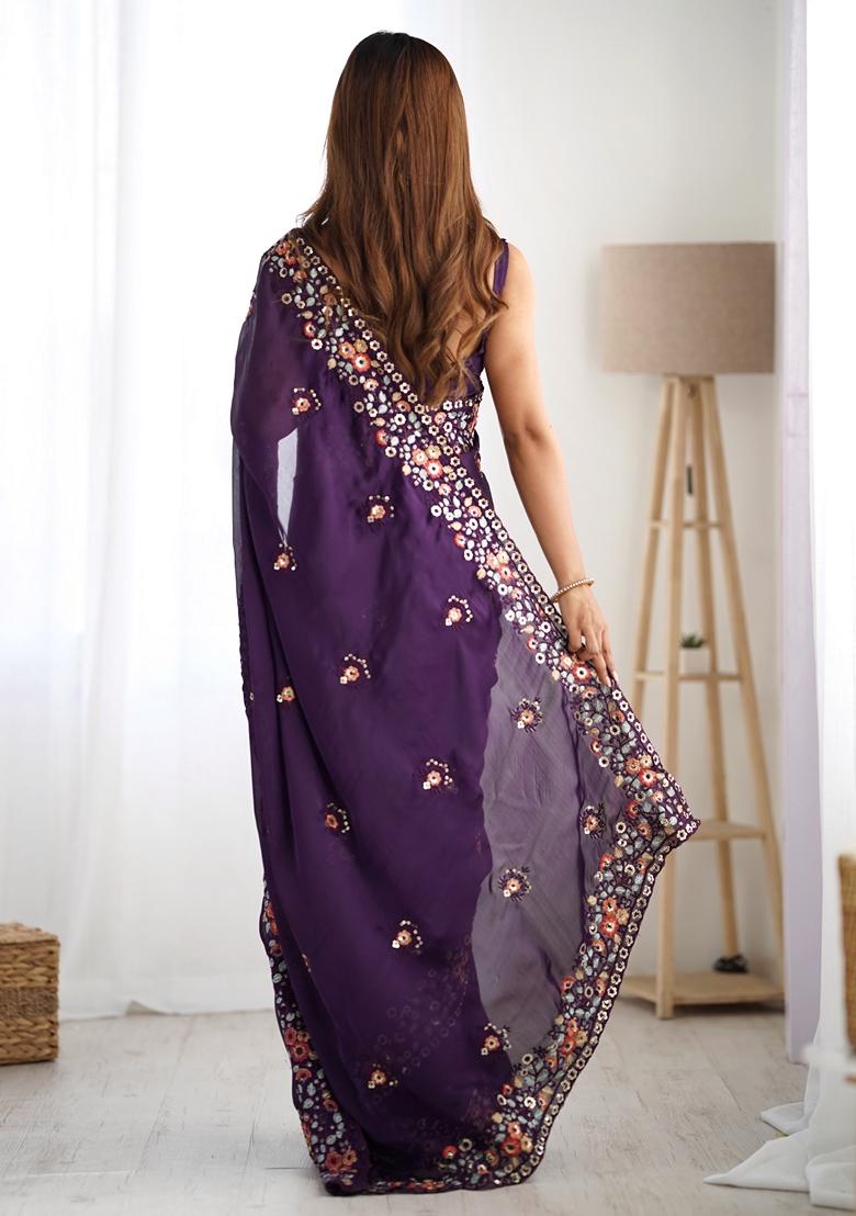 Purple Embroidered chiffon Saree Set