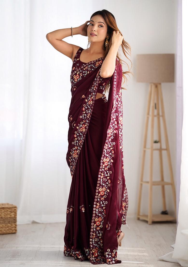 Wine Embroidered chiffon Saree Set