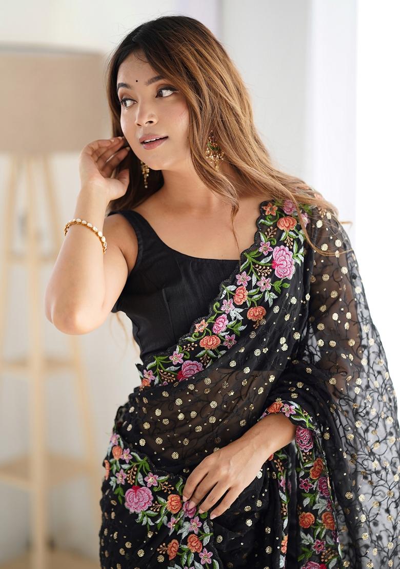 Black Embroidered Georgette Saree Set
