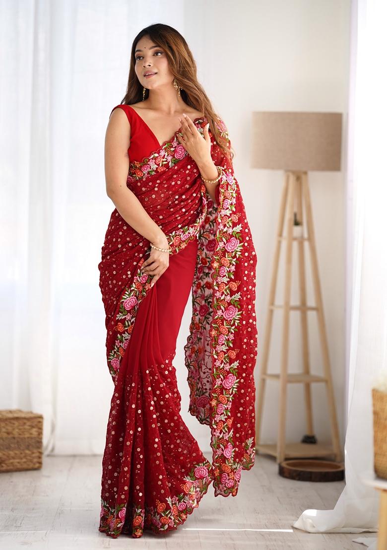 Maroon Embroidered Georgette Saree Set