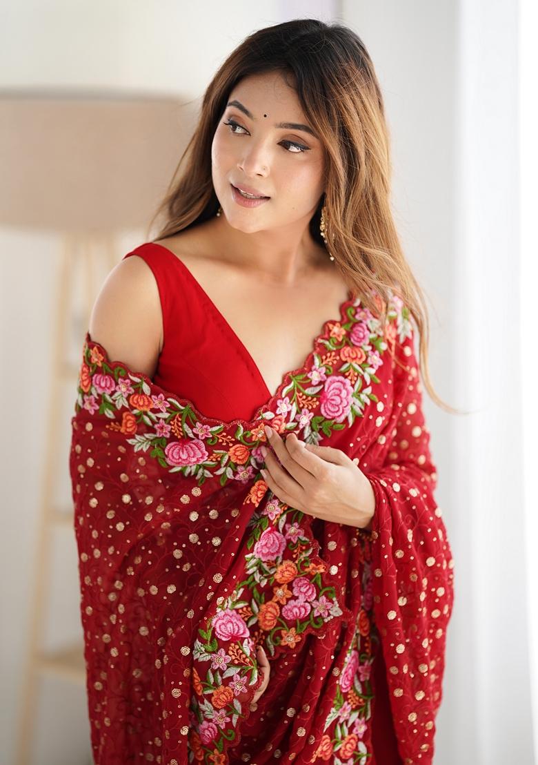 Maroon Embroidered Georgette Saree Set