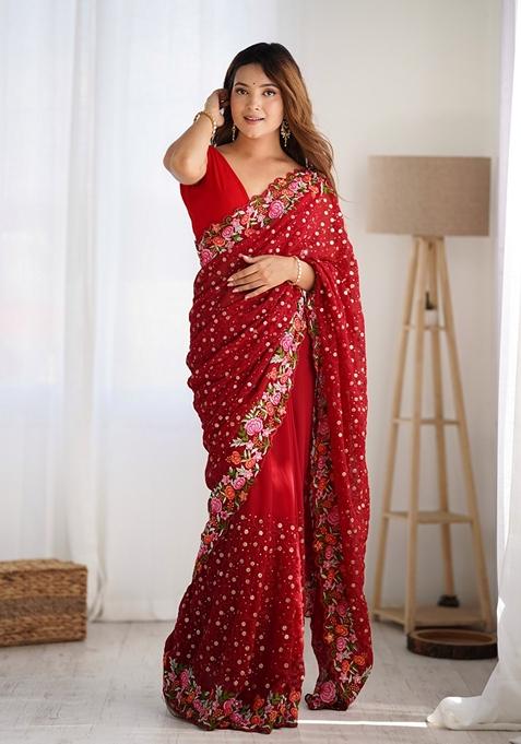 Maroon Embroidered Georgette Saree Set