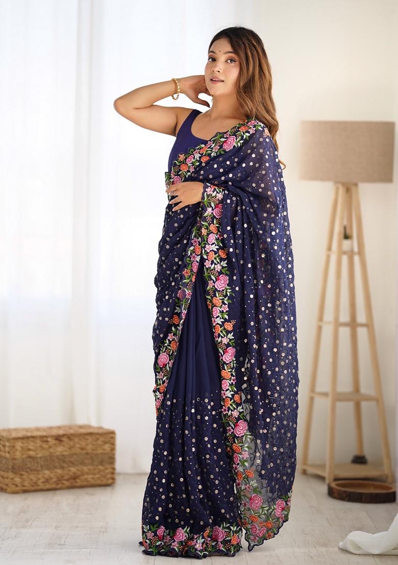 Blue Embroidered Georgette Saree Set