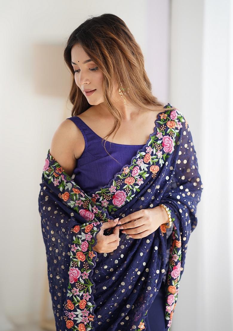 Blue Embroidered Georgette Saree Set
