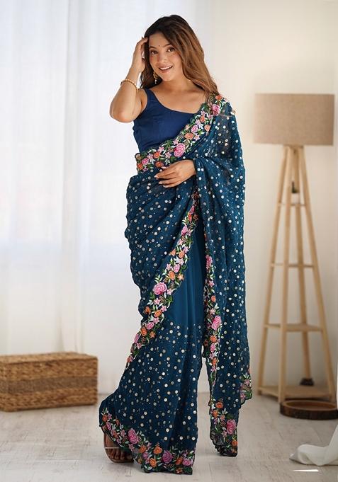 Teal Embroidered Georgette Saree Set