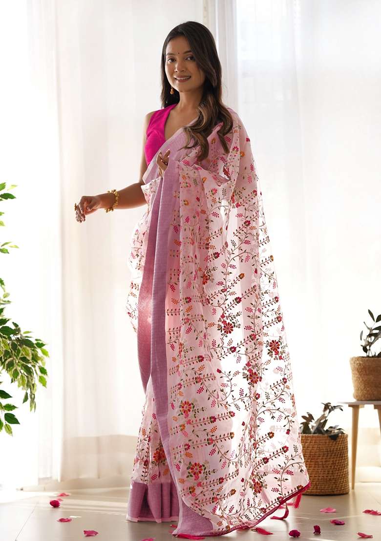 Pink Woven Organza Saree Set for Diwali | Wedding & Festive Wear - Indya
