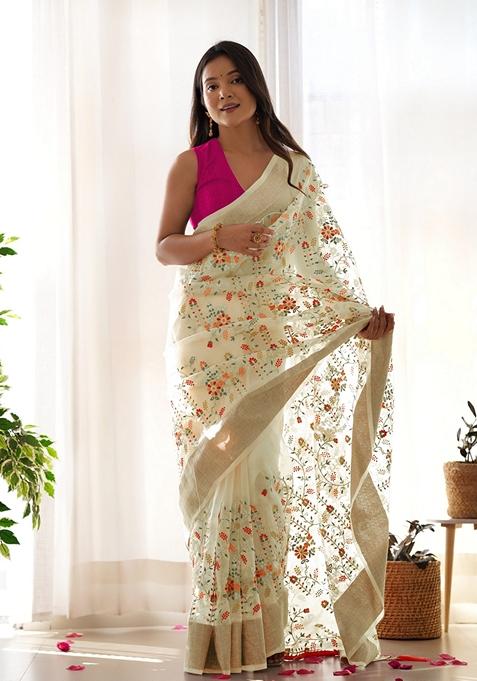 Yellow Woven Organza Saree Set