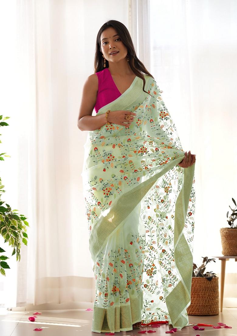 Green Woven Organza Saree Set