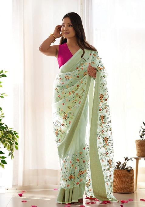 Green Woven Organza Saree Set
