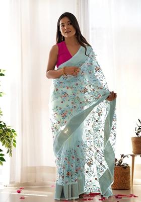 Grey Woven Organza Saree Set