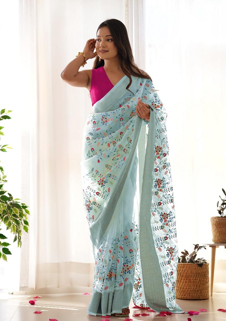 Grey Woven Organza Saree Set