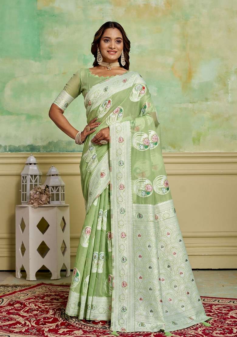 Green Woven Cotton Saree Set - Indya
