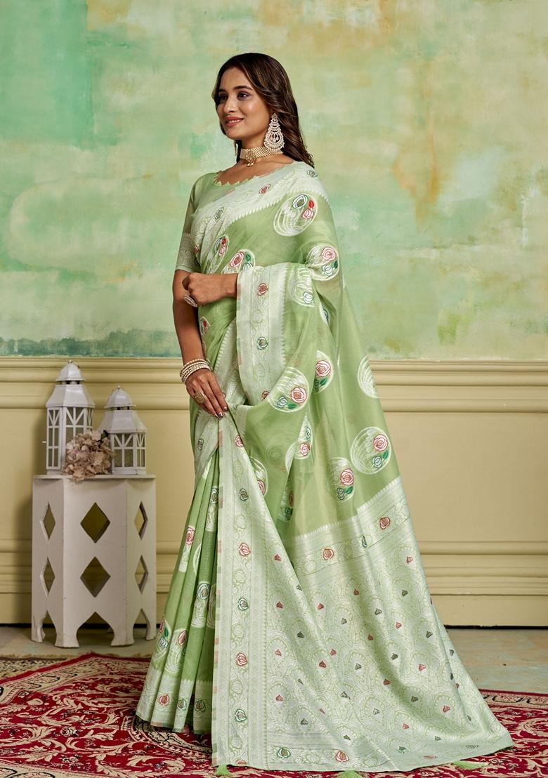 Green Woven Cotton Saree Set