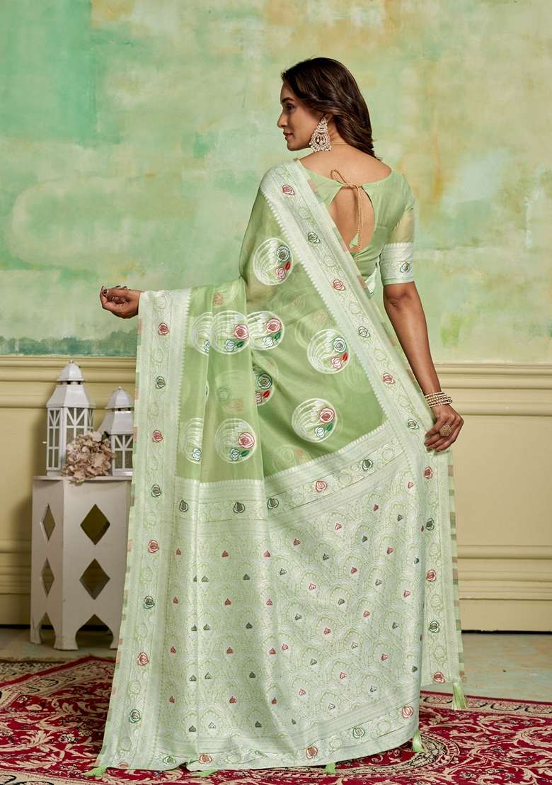 Green Woven Cotton Saree Set - Indya