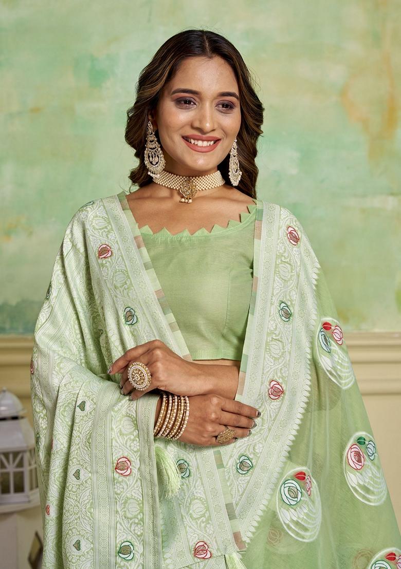 Green Woven Cotton Saree Set