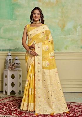 Yellow Woven Cotton Saree Set