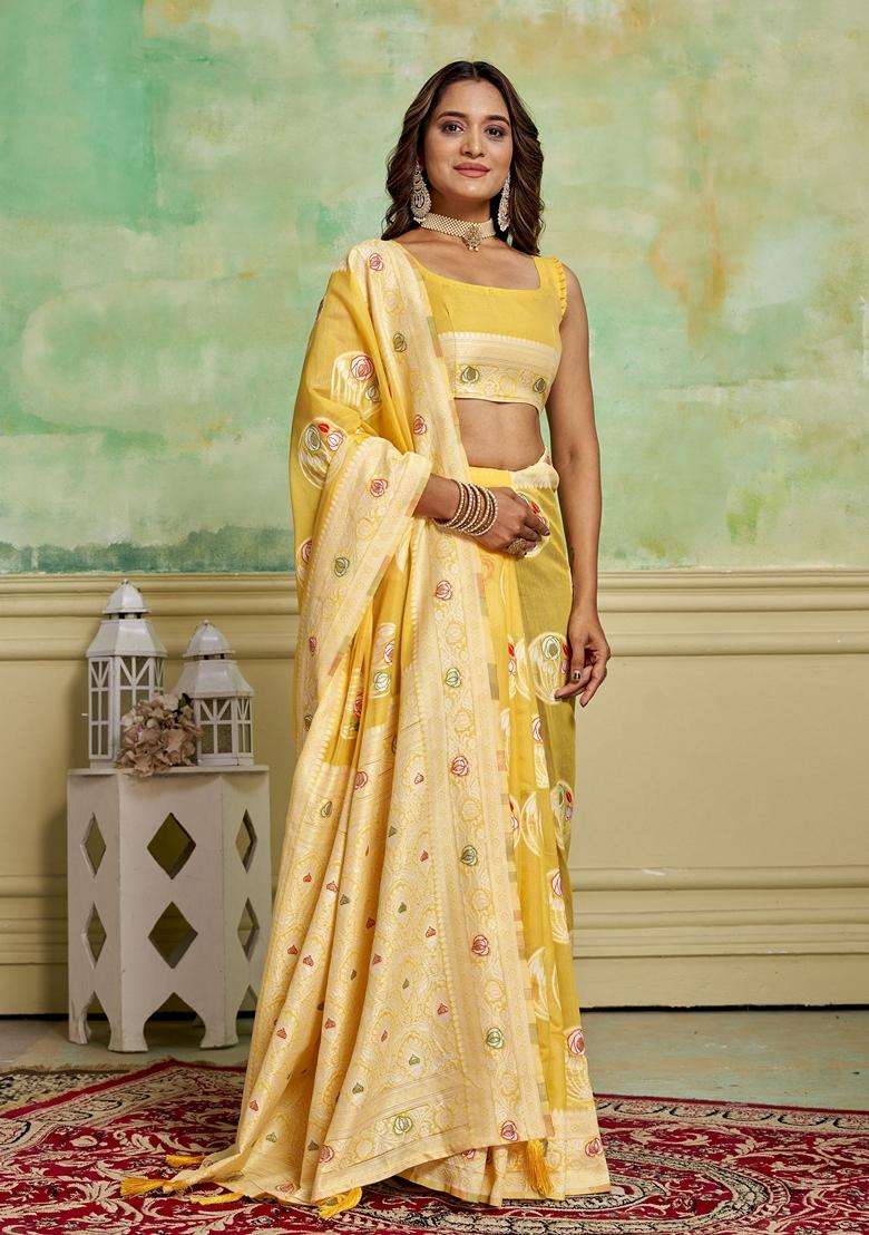 Yellow Woven Cotton Saree Set