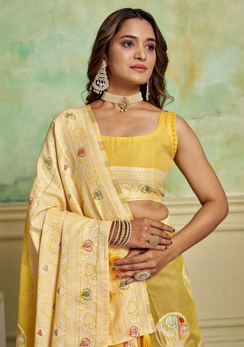 Yellow Woven Cotton Saree Set