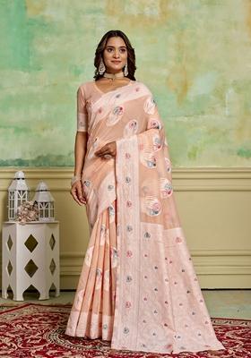 Peach Woven Cotton Saree Set