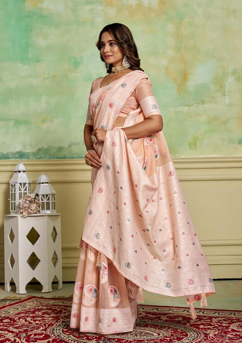 Peach Woven Cotton Saree Set
