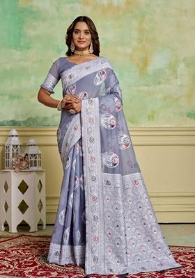 Grey Woven Cotton Saree Set