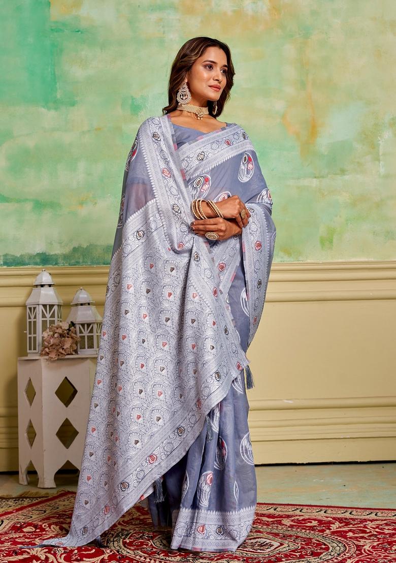 Grey Woven Cotton Saree Set