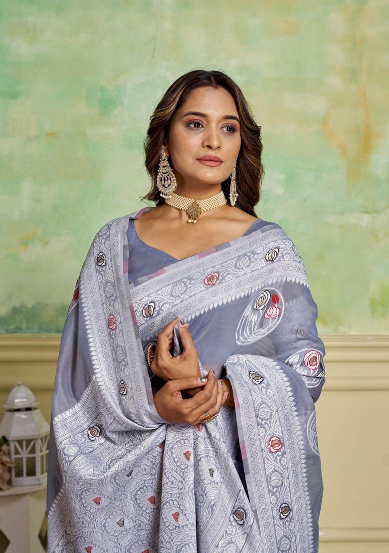 Grey Woven Cotton Saree Set