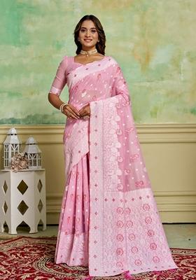 Pink Woven Cotton Saree Set
