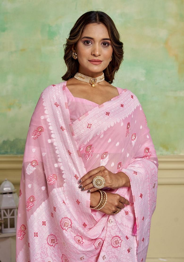 Pink Woven Cotton Saree Set