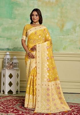 Yellow Woven Cotton Saree Set