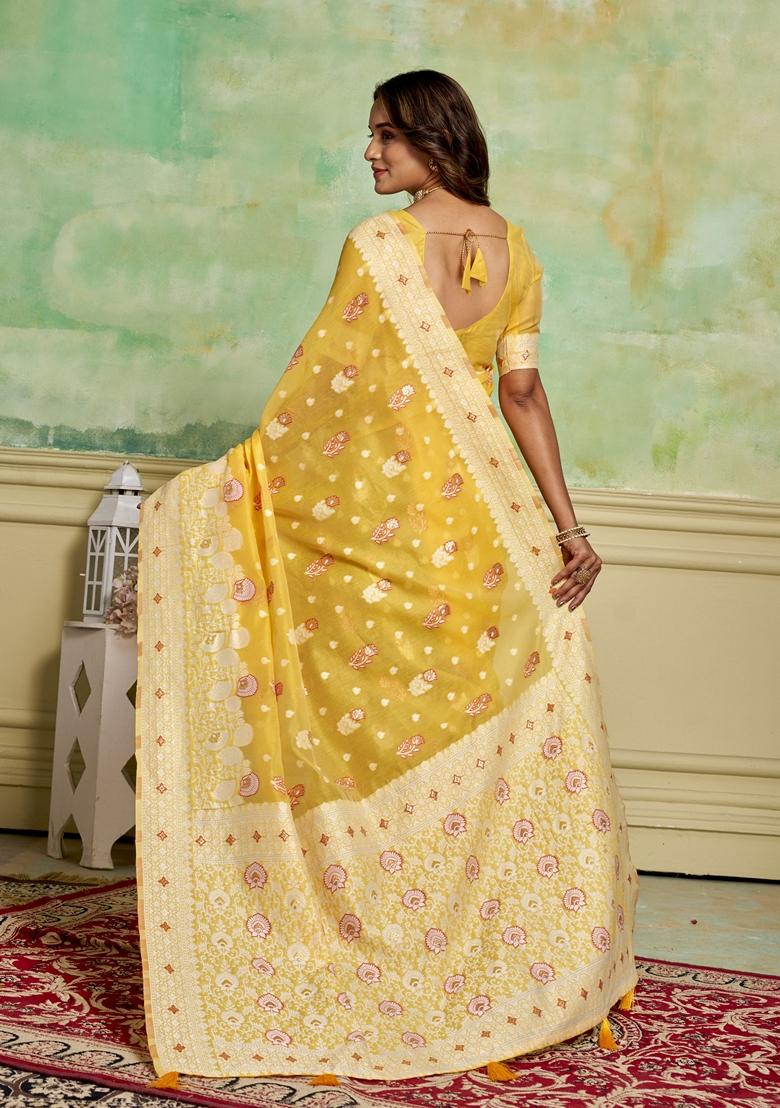 Yellow Woven Cotton Saree Set