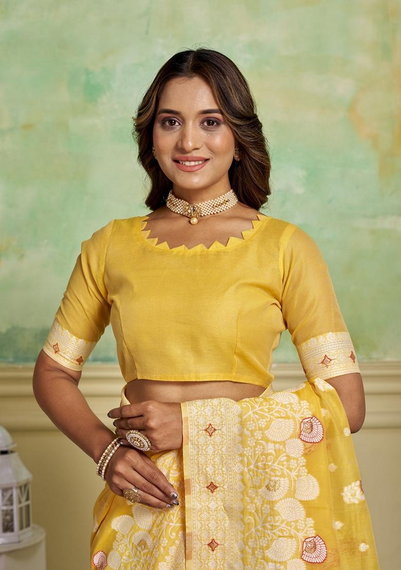 Yellow Woven Cotton Saree Set