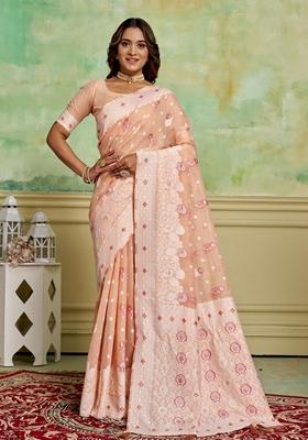 Peach Woven Cotton Saree Set