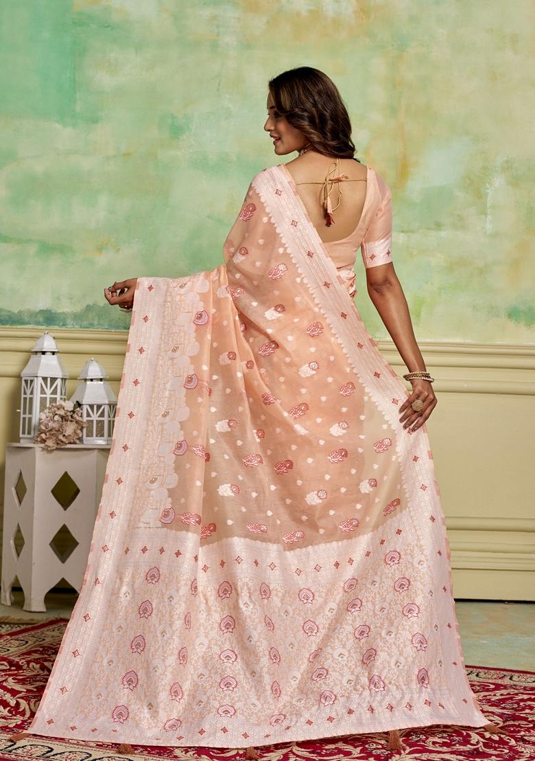 Peach Woven Cotton Saree Set
