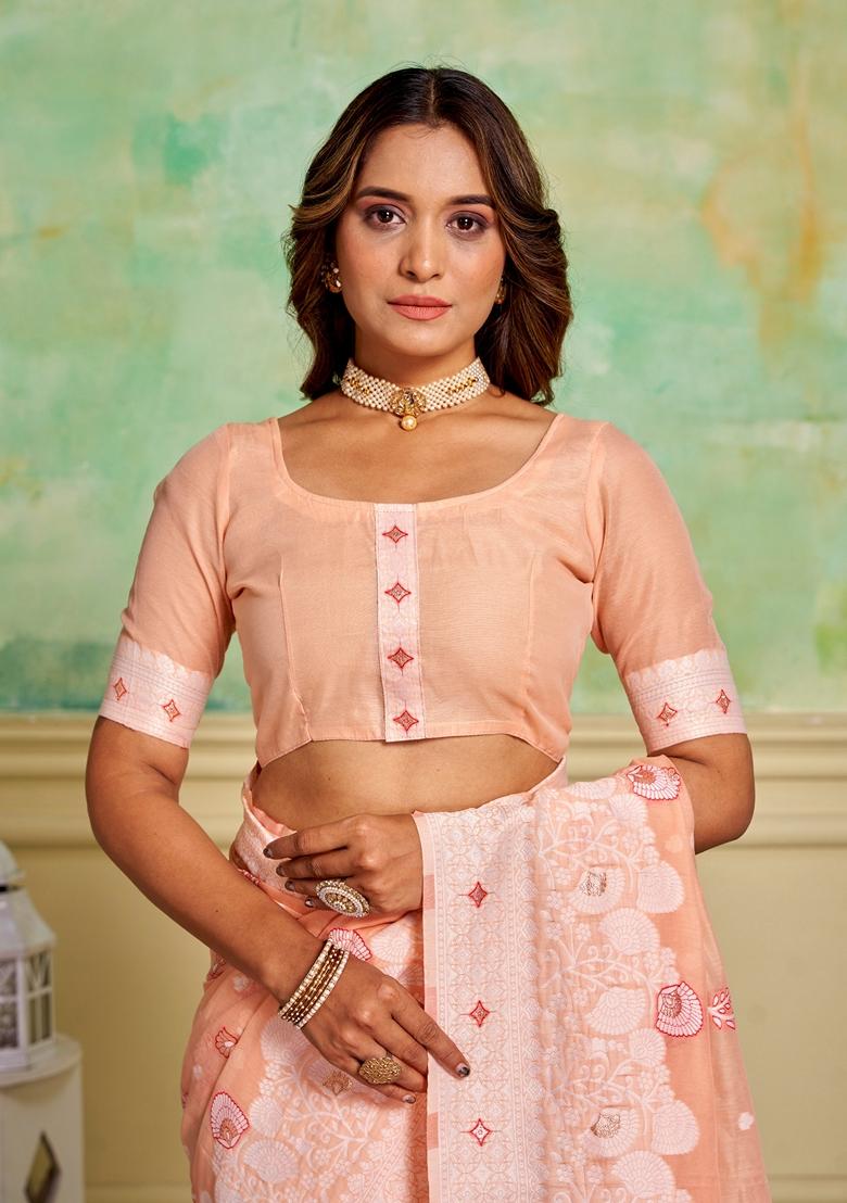 Peach Woven Cotton Saree Set