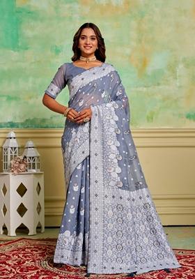 Grey Woven Cotton Saree Set