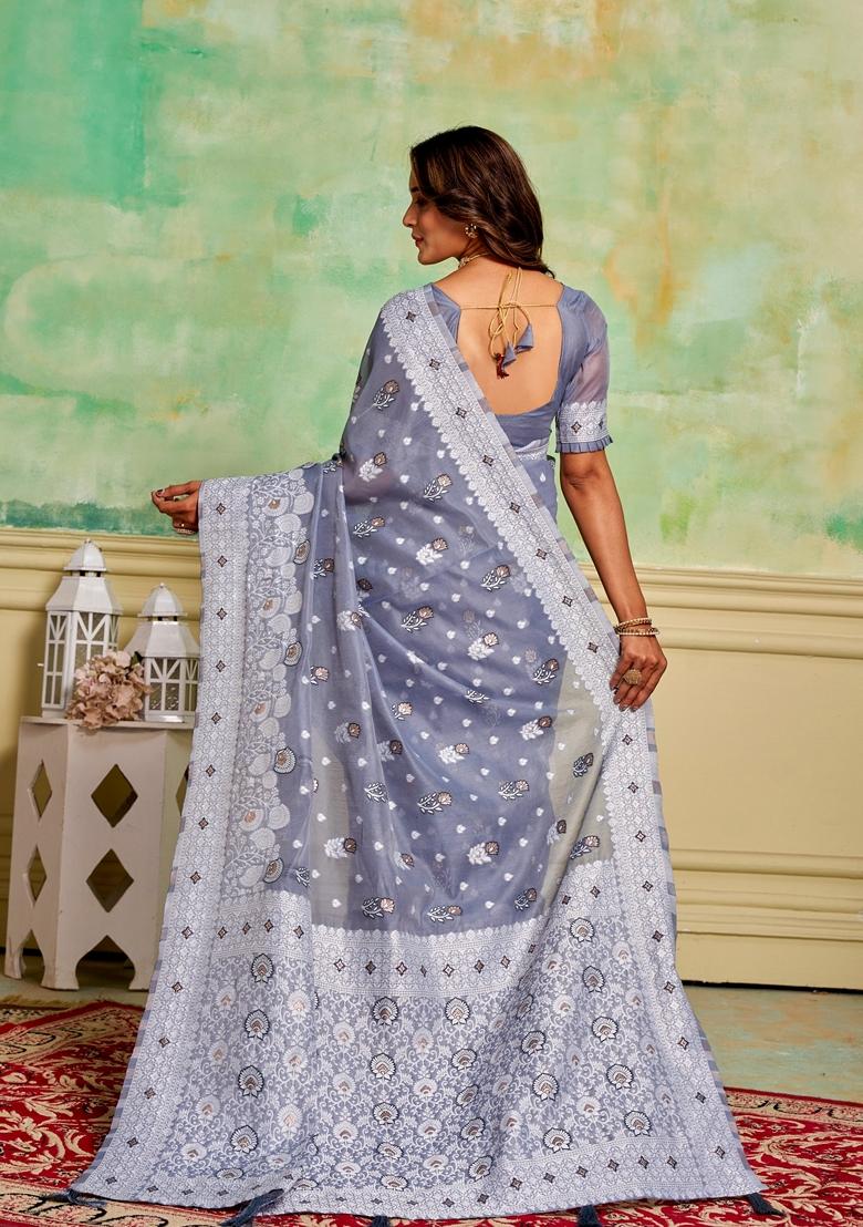 Grey Woven Cotton Saree Set