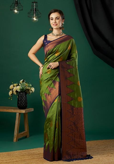Green Woven Silk Saree Set