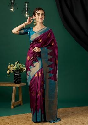 Wine Woven Silk Saree Set