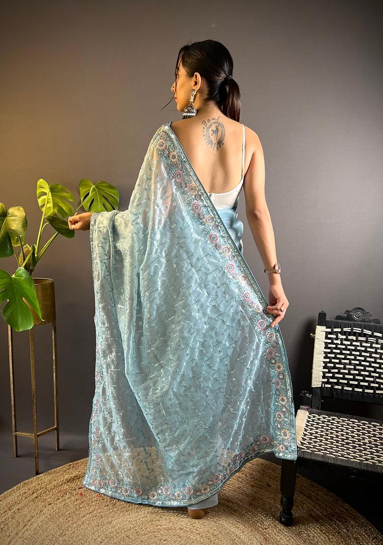 Grey Embroidered Net Saree Set