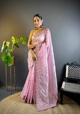 Pink Embroidered Net Saree Set