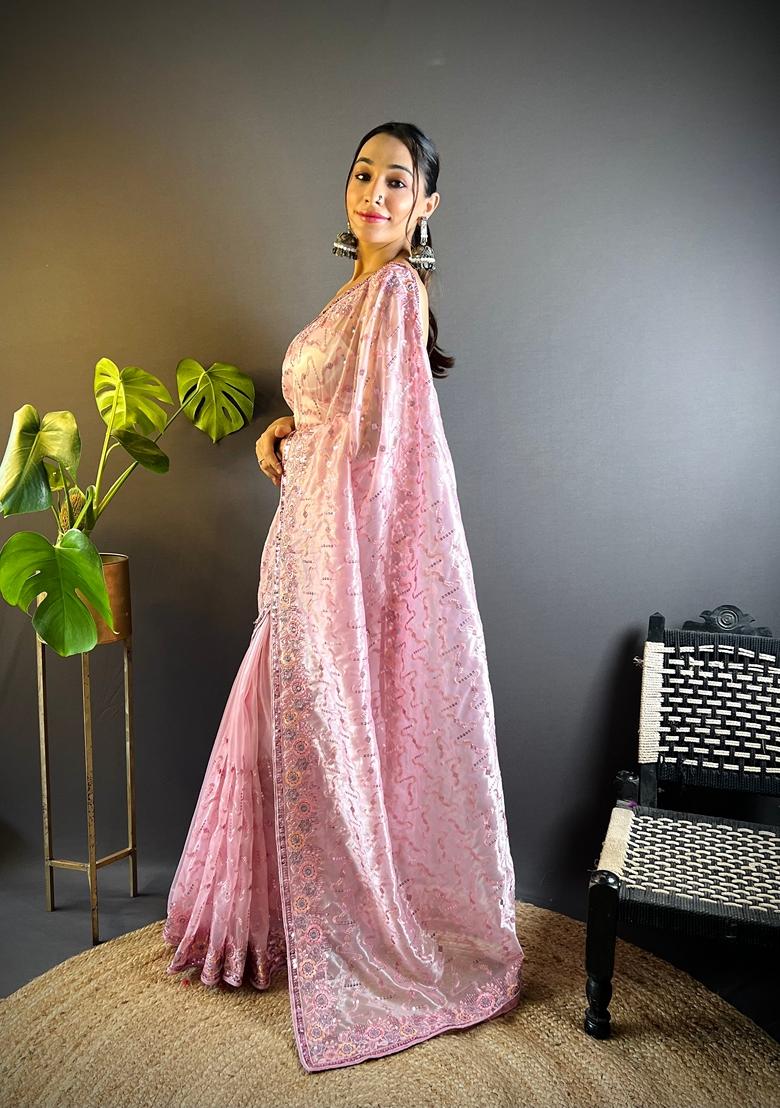 Pink Embroidered Net Saree Set