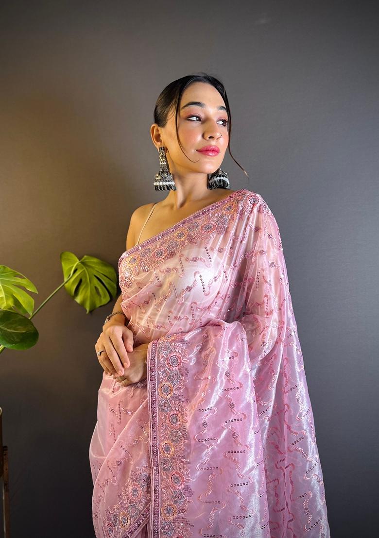 Pink Embroidered Net Saree Set