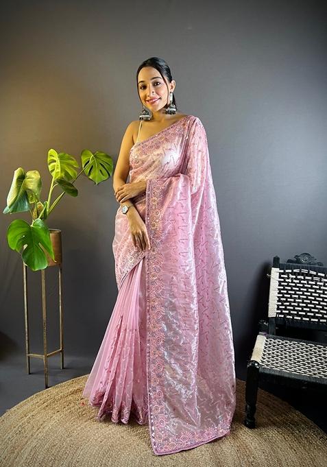 Pink Embroidered Net Saree Set