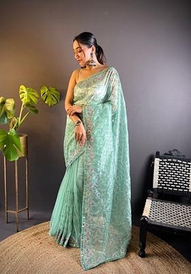 Sea Green Embroidered Net Saree Set