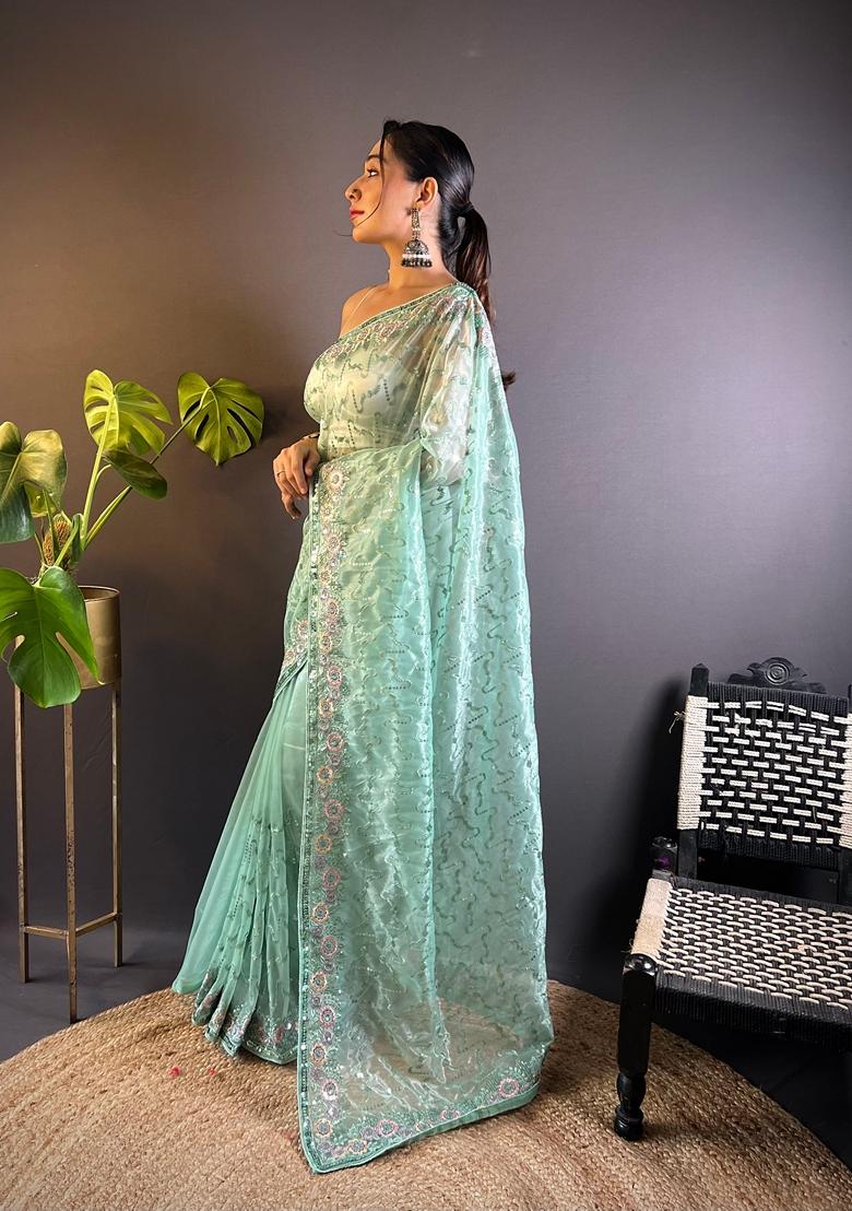 Sea Green Embroidered Net Saree Set